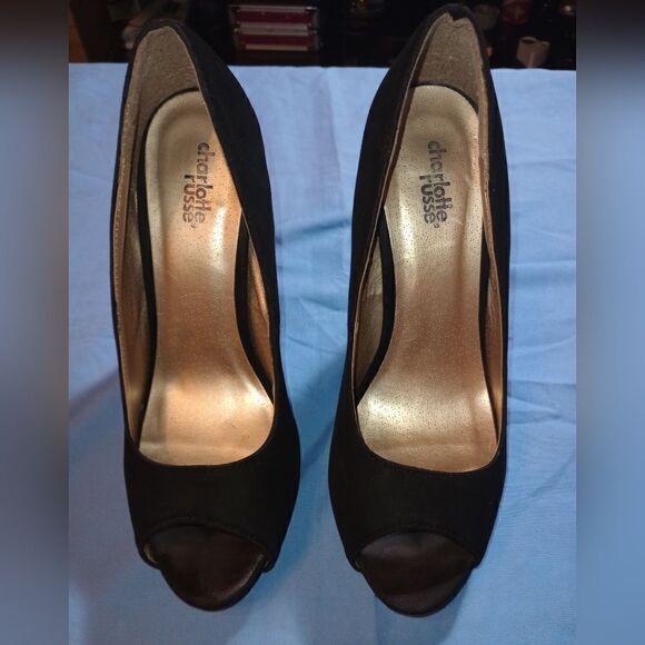 Charlotte Russe black velvet 5" open toe heels, size 8 - Picture 1 of 11